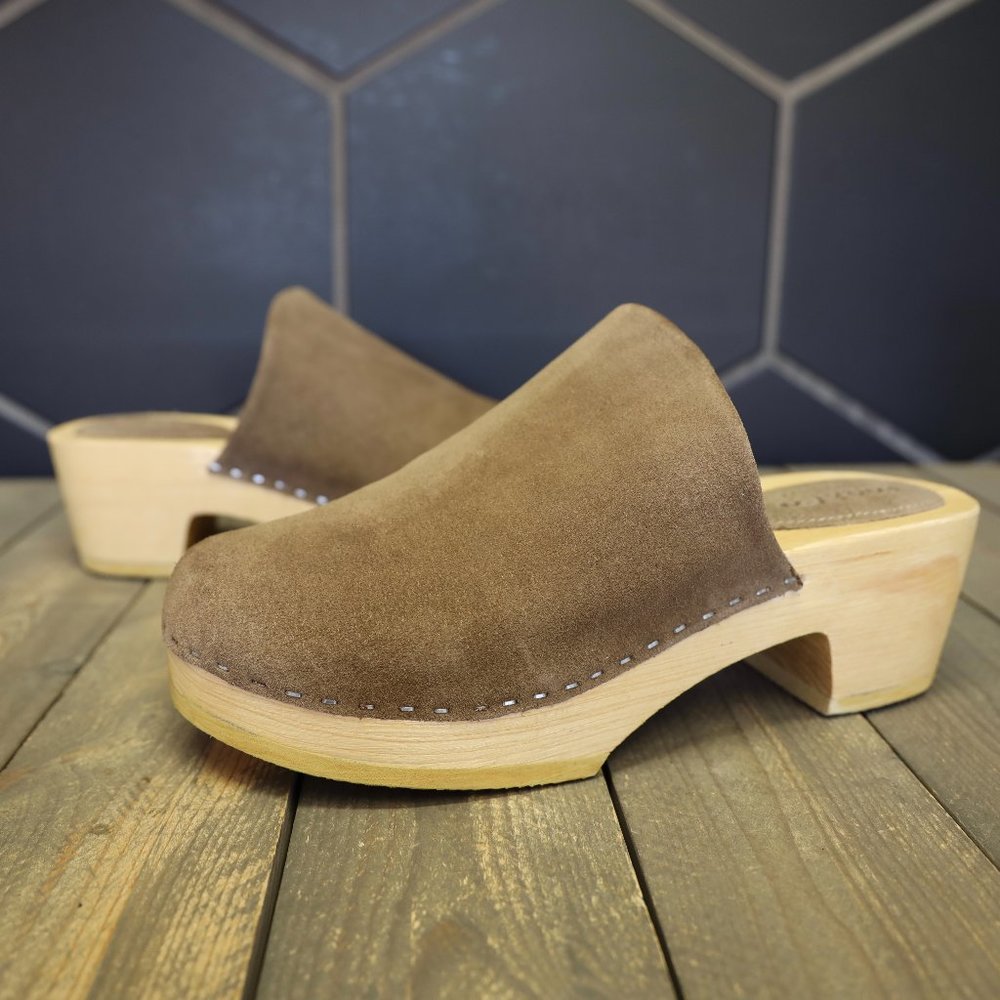 Womens Brown Genuine Leather Suede Wooden Clogs Handmade Mule Lotta Swedish Shoe